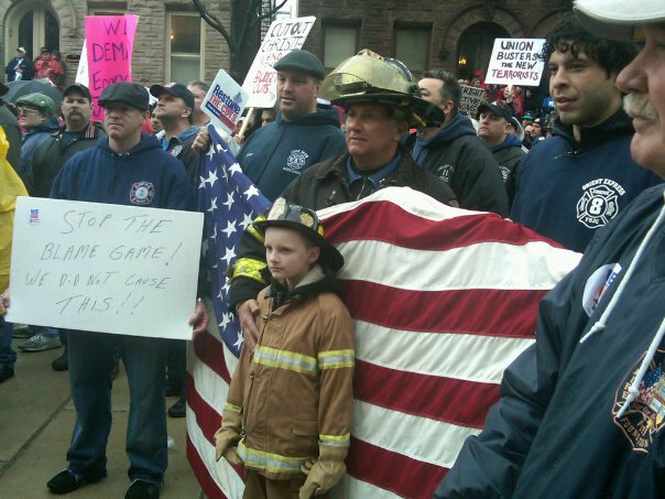 Jersey City Local 1064 and 1066 members send the message with 9 year old Matthew Kemery, the youngest of Local 3249 President Keith Kemery's five children.